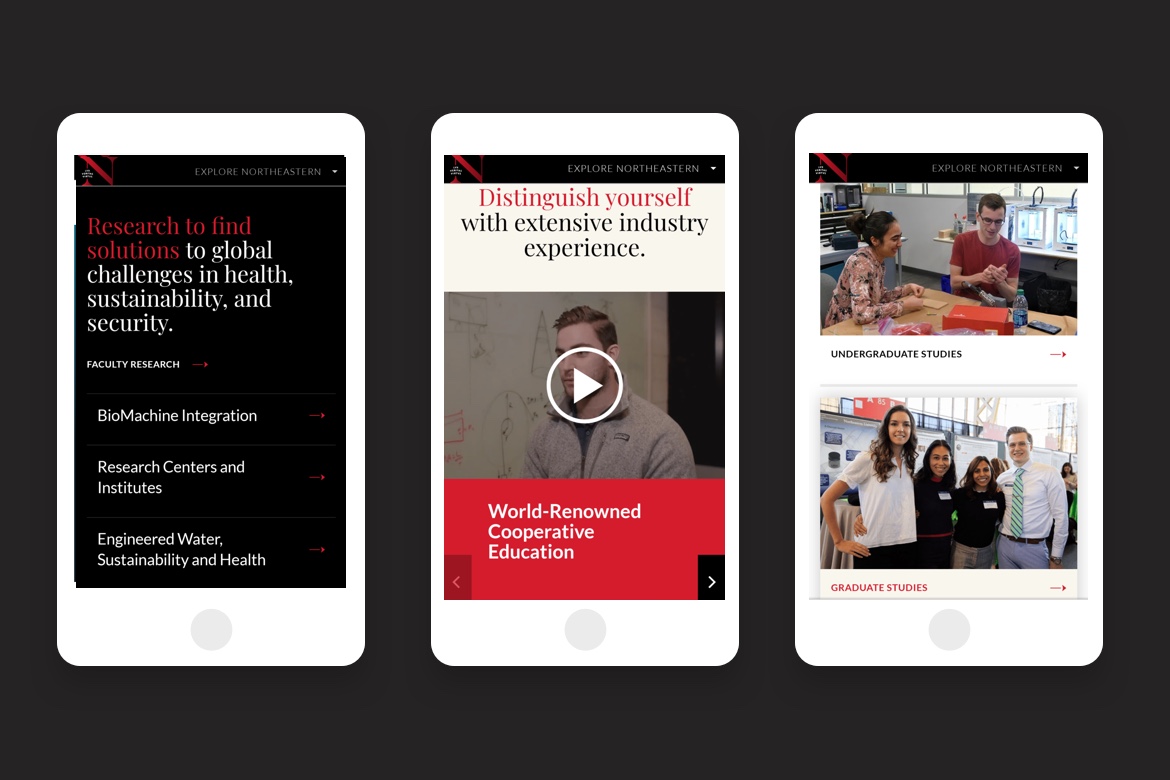 northeastern mobile page examples on three different phones
